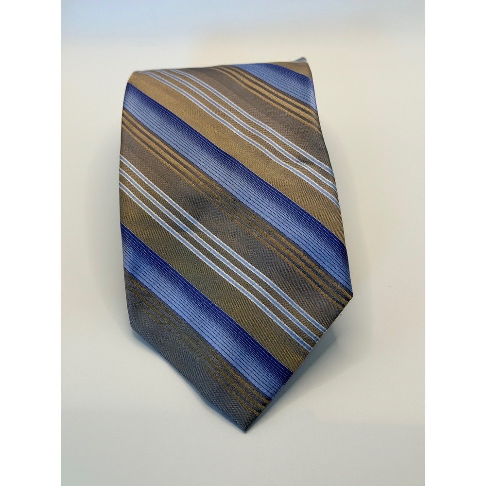 Joseph & Feiss International Mens Silk Tie Blue Taupe Bronze Striped Handmade